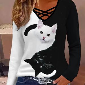 Elegant Women's V-neck Black And White Cat Print Top, Stylish Long-sleeve T-shirt With V-neck Design.