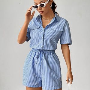 Vrouwen Gestreepte Polyester Bodysuit, Korte Mouw Knopen-Voorzijde Zomer Casual Jumpsuit