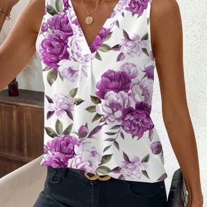 Women's Floral Print V-neck Sleeveless Blouse - Lightweight Summer Top With Vibrant Flowers, Casual Yet Elegant Design For Casual Attire, | Shirt | Vibrant