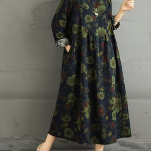 Dames Floral Print Linnen Jurk, Casual Ronde Hals Lange Mouw A-Lijn Losse Pasvorm Jurk met Zakken, Non-Stretch Geweven Pullover voor Lente/Zomer/Herfst - 100% Linnen