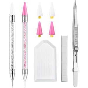 Rhinestone Plecter Gereedschap - 2-delige Dubbelkop Pen met 4 Waxpunten en Precisie Sieradenpincet Set voor het Ophalen van Nagelkunst Synthetische Edelstenen, Stenen, Kristallen en Nail Charms