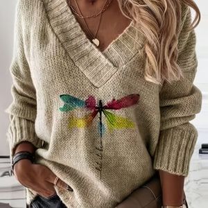 Dragonfly Pattern V-hals Trui Met Lange Mouwen, Casual Trui Voor De Lente En Herfst, Dameskleding