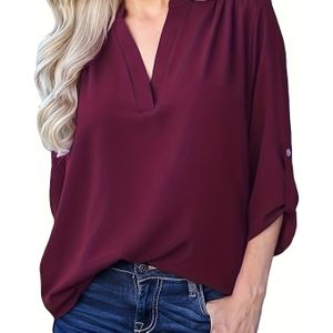 Elegante losse lange mouw overhemd met V-hals en opgerolde mouwen voor dames.