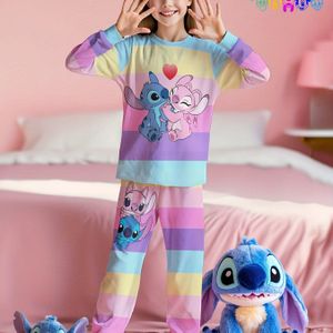 Disney, Meisjes Pyjama Set, Stitch & 's Romantiek, Ronde Hals Lange Mouwen Broek, Vlamvertragende Stof Nachtkleding, Meisjes Pyjama en Casual Kleding, Thuisoutfit