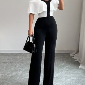 Dames Elegante Color Block Gespleten Off-Shoulder Korte Mouw Wijde Pijp Rechte Jumpsuit