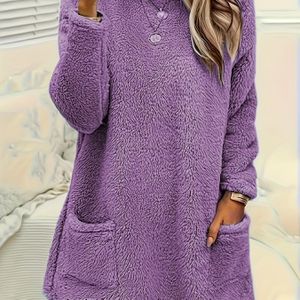 Vrouwen Casual Elegante Lange Ronde Hals Trui - Zachte Fleece Gevoerde Winterwarmte, Machinewasbaar Losse Pasvorm met Zakken, Levendig Rood voor Herfst & Koud Weer