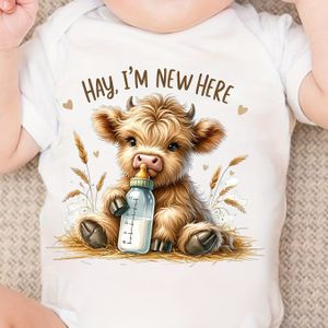 Schattige "Hay I' Here" Baby Romper met Schattige Koeienprint - Zacht Polyester, Korte Mouwen Romper voor Jongens & Meisjes, Perfect voor Pasgeborenen, Perfect voor Buiten