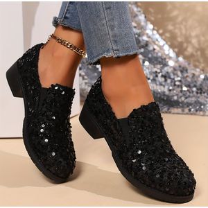 Vrouwen Sequin Loafers - Zwarte Glitter Instapschoenen met Dikke Hak, Ademende Stof Bovenkant & PU , Comfortabele Casual Verpleegsterschoenen voor Alle Seizoenen, Dameschoenen
