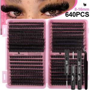 800/640/160st - 100D Volumineuze Pluizige Kattenoog Russische DD Krul D Krul Extra Dik Gemengde Lengte 8-18mm Wimperextensions, Herbruikbaar voor Dagelijkse Make-up, Set met lijm