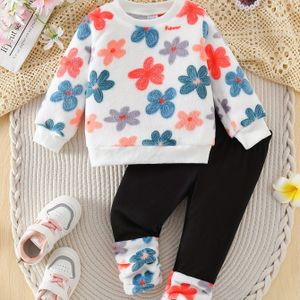 Bloemenflanellen Pullover en Broek Tweedelige Set voor Meisjes, Baby Meisjes Herfst- en Winterbovenkleding, Perfect voor Buiten