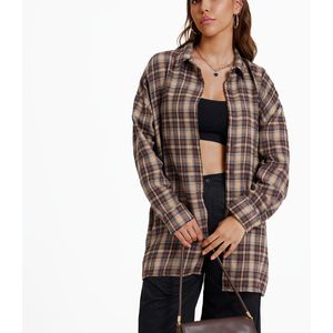 Geruit Overhemd met Knopen, Casual Lange Mouwen Shacket met Trekkoord voor Lente & Herfst, Dameskleding