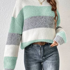 Dames Casual Franse Gestreepte Off-Shoulder Trui - Zachte Pullover met Kleurblok Design, Ronde Hals, Lange Mouwen, Perfect voor Herfst/Winter, Casual Kleding|Gestreept |Zachte Textuur