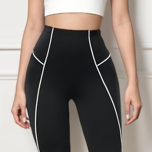 Dames Zwarte High-Waist Leggings - Lange Broek met Witte Gestreepte Dij Panel, Buikcontrole & Medium Compressie - Geschikt voor Alle Seizoenen (Wasbaar in de Machine)