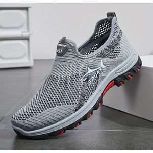 Men's Breathable Mesh Slip-on Sneakers - Lightweight Sneakers With Rubber Sole, Low- For Casual Wear, Black & Gray With Red Accents,