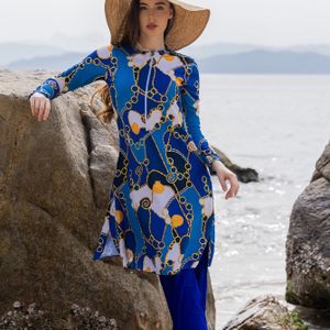 Long Sleeve Maxi & Pants With Intricate Chain Patterns - , Golden & Beige Blue - High-waisted Bottoms With Zipper Closure - Beach, Swimwear