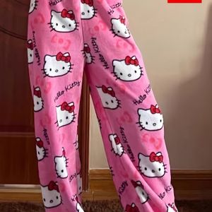 For Hello Kitty Women's Cozy Fleece Sleep Pants - Pink With White Cartoon Print, Long Trousers With Bow Detail, Fall/winter , Cute Pajama Pants