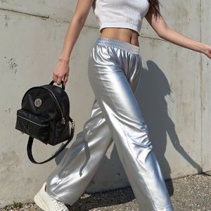 2025 Trendy Winddichte Damesbroek Streetwear Casual Nieuwe Collectie Zilveren Wijde Rechte Pijp Broeken