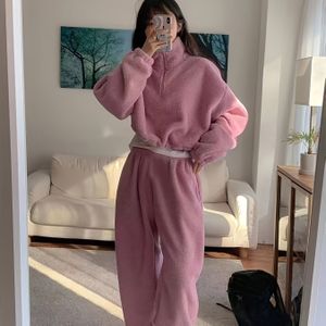 Petite Dames Sweatpak Set, Nieuwe Winter Roze Outfit Modieus Casual Losse Trui Tweekleppig met Elastische Zoom en Opstaande Kraag Top in Combinatie Met Bijpassende Broek, Koreaanse Stijl