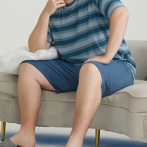 Pijjama-set met blauw-wit gestreepte T-shirt en shorts voor heren - Casual crewneck, losse pasvorm, zomerse loungewear, ontspannen pasvorm pijjama's | Gestreept | Polyester stof, PLUS SIZ
