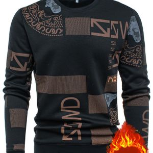 1pc Heren Casual Lange Mouw Sweatshirt met Fleece Voering, Blokkleur Letter Druk Ontwerp, Warme Zachte Mode Crew Hals Pullover, Gebreide Rayon Viscose Stof, Reguliere Pas Sport Top