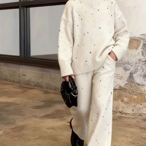 4-8 Jaar Meisjeskleding voor Jongens en Meisjes, Nieuwe Modieuze Zwart-Wit Polka Dot Hoge Hals Witte Trui Set, Losse Pasvorm Rechte Pijp Zwart-Wit Polka Dot, Gebreid