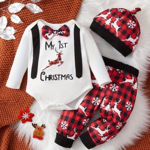 Kerstjul Reindeer Letter Print Lange Mouw Strikje Heren Jumpsuit+ Print Reindeer Ronde Hals Hoed Driedelige Set, Perfect voor Buiten, Feestdagen Cadeau, Perfect voor Buiten