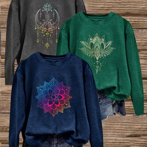 3-Pack Bohemian Mandala Print Lange Mouw Crew Neck Sweatshirts, Casual Polyester met Medium Stretch, Voor alle seizoenen geschikte modetops