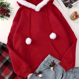 Plus Size, Damesmode Plus Size Kleur Capuchon Trui met Warme Voering, Pom-Pom Detail, Trekkoord, voor Dagelijks Casual , Feesten en Kerst