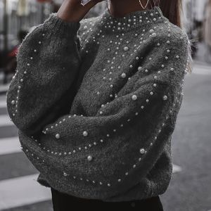 Mode Kleur Trui met Parelversiering Designer Jas, Herfst Winter Stijl Top