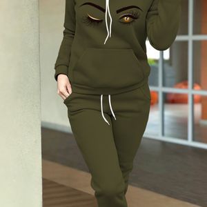 2-delige casual polyester trainingspak voor dames met capuchon, cartoon oogprint, met zakken, voor herfst/winter