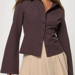 Casual Gestreept Overhemd voor Dames met Lange Mouwen en Kraag - Niet-Rekbare Stof, & Beige Strepen, Geschikt voor Alle Seizoenen