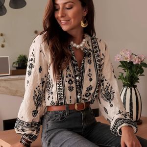 Beige Bloemenprint Losse Top | Elegante Shirt met Ronde Hals en Lantaarnmouwen, Veelzijdig Regular-Length Overhemd met Knoopdetails.