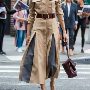 Elegante Patchwork Lange Mouw Jurk voor Vrouwen, Polyester , Staande Kraag, A-Lijn Silhouet, Geweven, Stijlvol met Zakken voor Lente/Herfst