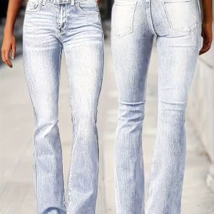 Vrouwen's Dubbelgeknoopte Flared Jeans - Stretch Denim Casual Streetwear met Knoopsluiting, Relaxed Fit & Wijd Uitlopende Pijpen, , Kleur Ontwerp, Comfortabele Mode, Duurzaam Stof