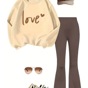 Meisjesmode Luipaardprint Hartjesprint Tweedelige Set met Ronde Hals Sweatshirt en Broek, Perfect voor Buiten