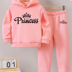 Meisjes 2-delige Cartoon Princess Crown Print Sportset, Modieuze & Comfortabele Hoodie En Zweetbroek Buitenkleding Voor Lente/Herfst