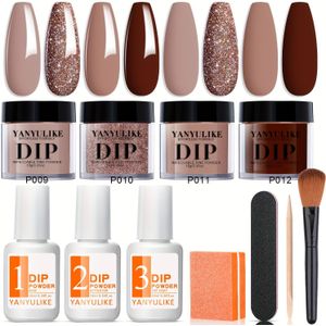 4-Kleuren Dip Poeder Nagelkit, Formaldehyde-Vrije Starterset met Vloeistof en Basislaag, Roze Beige Tinten voor Beginners, Dip Nagelpoeder