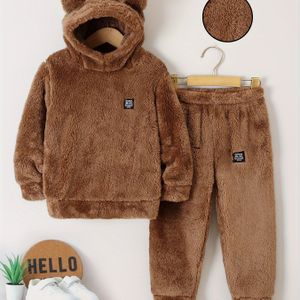 2-delige warme ondergoedset voor jongens voor buitenkleding, schattig berenoorensontwerp pluche capuchon verdikte lange mouwen en broek, comfortabele en huidvriendelijke set, als dagelijks cadeau
