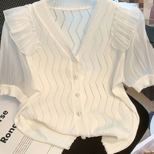 Voorkant Pointelle Gebreide Cardigan, Chic Ruffle Trim Korte Mouw V-hals Paneel Top Voor Lente & Zomer, Dameskleding