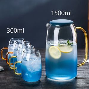 Elegante set met 4 glazen waterflessen in blauw - Luxe drinkset voor ijsthee, koffie en sap, vaatwasmachinebestendig - Inclusief 1 en 4 glazen