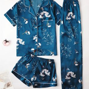 Vrouwen Bloemenprint Satijnen Elegante Pyjama Set, Korte Mouw Knopen Revers Top & Shorts & Broek, Comfortabele Ontspannen Pasvorm