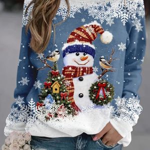 Women's Christmas Graphic Long Sleeve Sweatshirt - Cozy Snowman & With Red/blue Accents, Round Neck Pullover For Holiday Casual Wear, Machine Washable, Winter Apparel, , Medium Elasticity