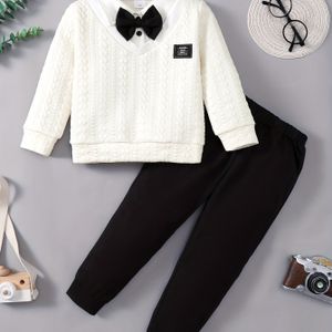 Jongens Casual Formele Kledingset met Revershemd, Gesplitste Nep Tweedelige Lange Mouwen Top + Broek, Casual Academische Stijl Formele Tweedelige Set