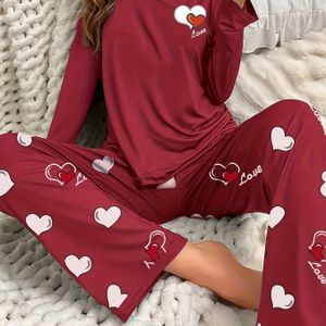 Herfst- en Winterpyjama Set voor Vrouwen, Donkergrijs met Cartoon Hartjespatroon, Schattige Lange Mouwen en Broek, Ronde Hals Nachtkleding, Losse Comfortabele Thuisuitrusting