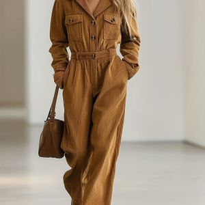 Effengekleurde Casual Jumpsuit met Lange Mouwen en Knopen, Modieuze Werkkleding Romper voor Vrouwen
