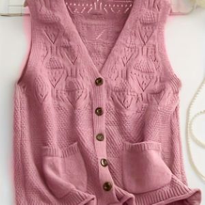 Elegante V-hals gebreide vest met knoopzakken - Ademend, niet stretchend materiaal, Ideaal voor lente/zomer/herfst, Plus size beschikbaar, Plus size vest|Elegante gebreide kleding|Knoopdetail