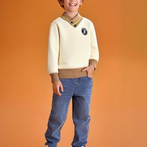 Kinderen Preppy V-hals Trui, Kerst Kleurblok Patchwork Beer Badge , Dikke Warme Pullover voor Jongens en Meisjes