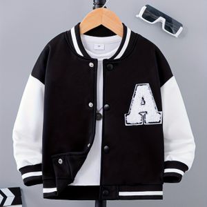 Jongens Varsity Jacket in Marineblauw & Wit met A-Letterman Systeem - Tweekleurige Kraag, Knoopsluiting & Drop Shoulder Mouwen - Letterman Trui voor Teamuniformen, Casual Kleding (Machinewasbaar)