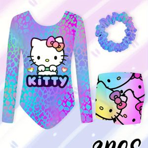 3-delige Sanrio Hello Kitty Gymnastiekpak Set voor Meisjes - Lange Mouw Turnpak met Split Shorts & Bijpassende Haarband, Stretchy Gymnastiek Outfit voor Dans, Gymnastiek, voor Buiten
