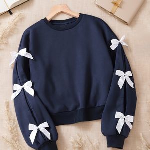 Meisjes' Marineblauwe & Witte Strikdetail Lange Mouwen Sweatshirt - Zachte Rekbare Ronde Hals Pullover, Losse Pasvorm Casual Top voor Alle Seizoenen , Speels Ontwerp, Comfortabele Pasvorm